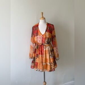 Lucky Brand Boho Patchwork Mini Dress | Size M | Festival Hippie Peasant Dress